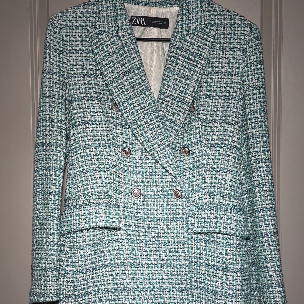 ZARA Green Tweed Double-Breasted Blazer | Size S | Bouclé Jacket